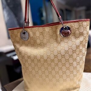 🤎 Gucci GG Monogram Canvas and Leather Tote Classic Beige Burgundy Shoulder Bag